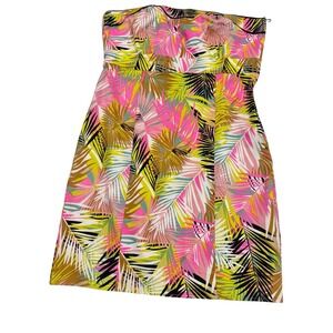 H&M Strapless Tropical Palm Print Dress Size 14 Sweetheart A-Line